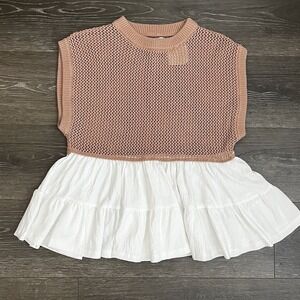 Altar'd State Knit Peplum Ruffle Shirt Hem Top XS Brown White Coquette Boho NWT